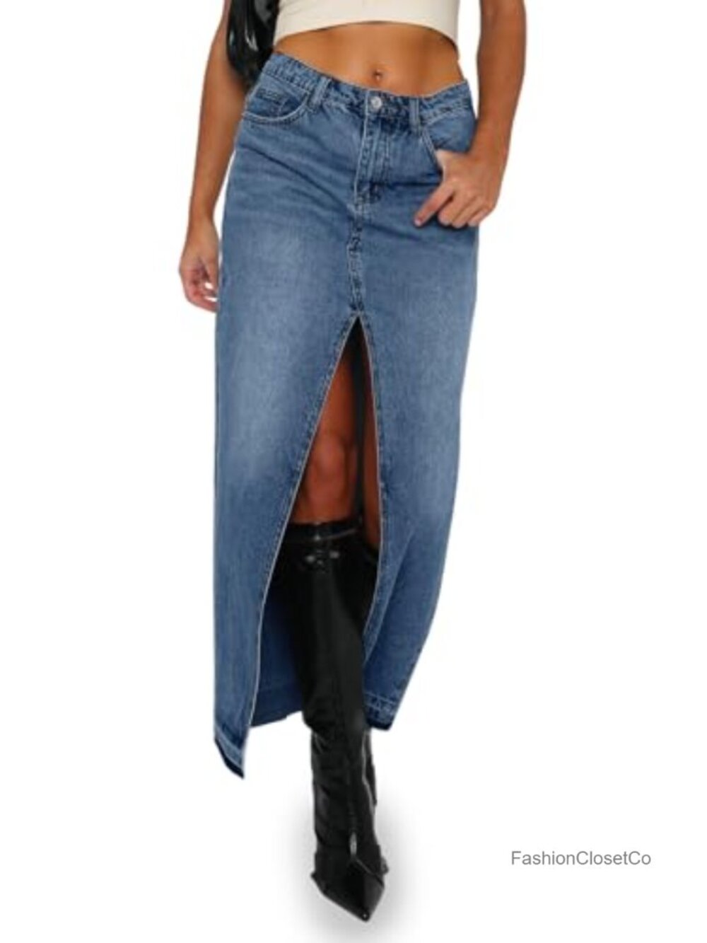 100% Cotton Denim Maxi Skirt High Waist Split Jean Skirt